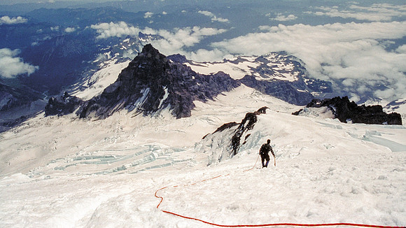Descending from Mount Rainier Summit Washington Glacier Little Tahoma