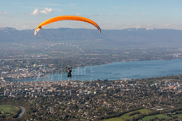 Parasailing over Geneva after launch from Mt. Saleve
